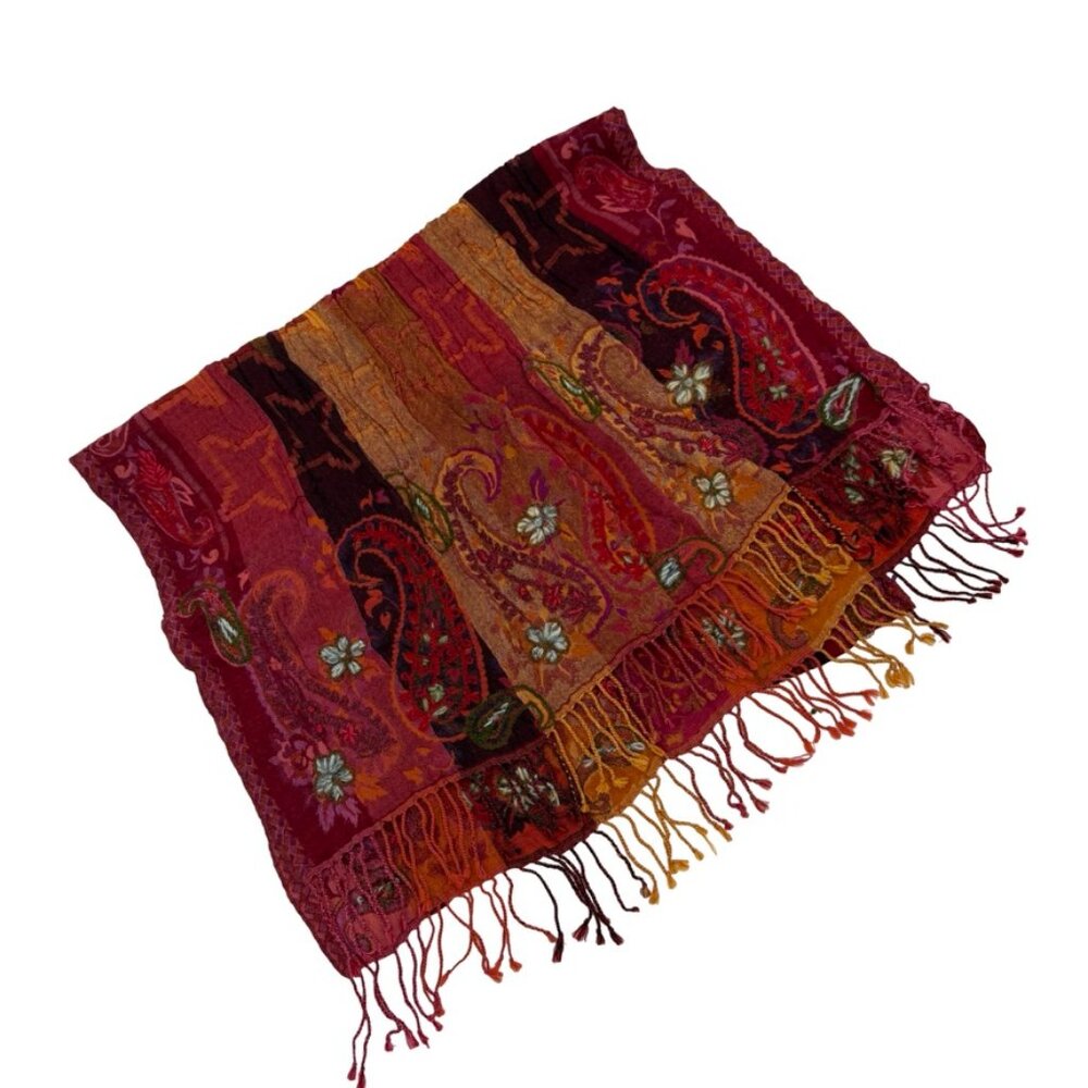 Orange Red Pink Mustard Brown Crinkle Floral Fringe Scarf